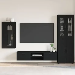 vidaXL Tv-Bänkar>TV-bänkset med låda med hylla med lagring Svart Konstruerat trä