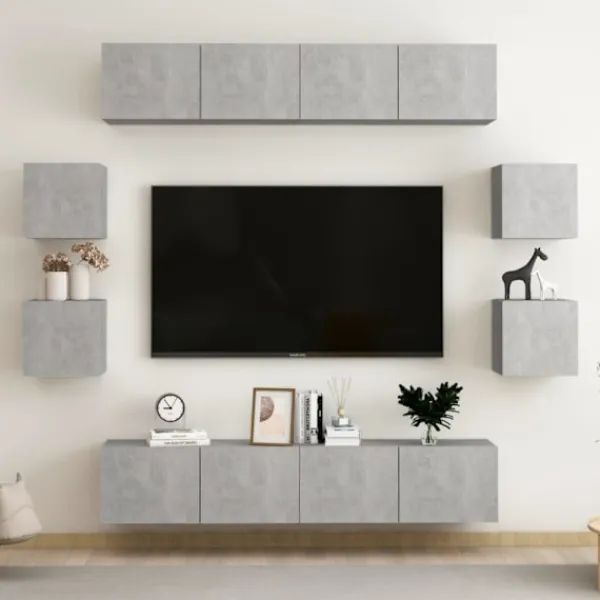 vidaXL Tv-Bänkar>TV-skåp 8 delar betonggrå konstruerat trä