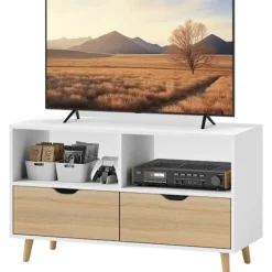 Northio Tv-Bänkar>TV-skåp lowboard med 2 hyllplan, låda, 99 cm långt TV-bord för TV, TV-bord för vardagsrum, vit