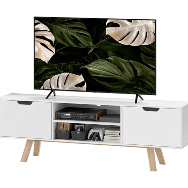 Northio Tv-Bänkar>Tv-skåp, tv-bänk för tv-apparater upp till 65 tum, lowboard med 2 skåp och 2 hyllor, tv-skåp för vardagsrum, 150 x 39 x 50 cm vit