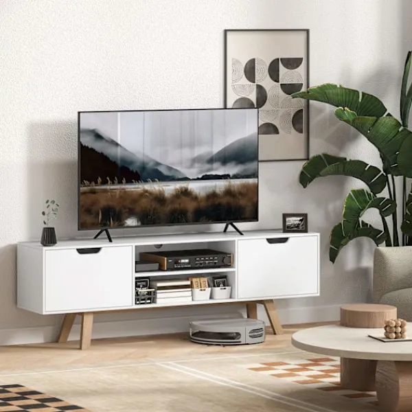 Northio Tv-Bänkar>Tv-skåp, tv-bänk för tv-apparater upp till 65 tum, lowboard med 2 skåp och 2 hyllor, tv-skåp för vardagsrum, 150 x 39 x 50 cm vit