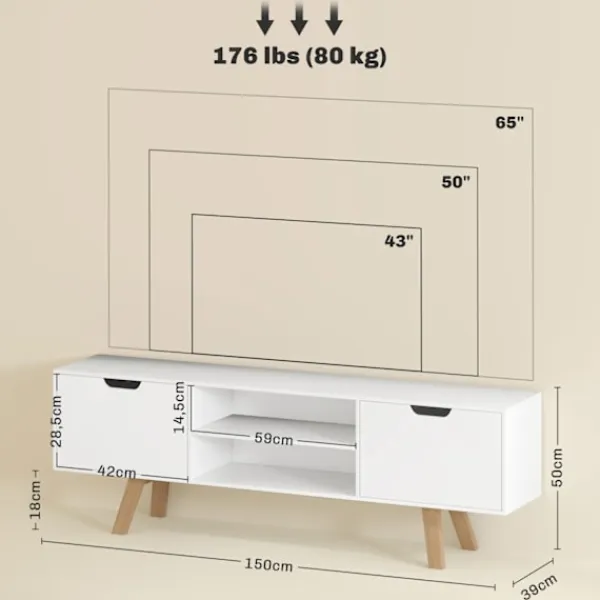 Northio Tv-Bänkar>Tv-skåp, tv-bänk för tv-apparater upp till 65 tum, lowboard med 2 skåp och 2 hyllor, tv-skåp för vardagsrum, 150 x 39 x 50 cm vit