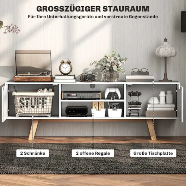 Northio Tv-Bänkar>Tv-skåp, tv-bänk för tv-apparater upp till 65 tum, lowboard med 2 skåp och 2 hyllor, tv-skåp för vardagsrum, 150 x 39 x 50 cm vit