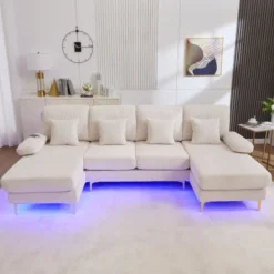 Soffor>U-soffa med LED-belysning & USB-C, massiv träram – 4 lyxiga kuddar, ergonomiskt ryggstöd, premiumkomfort,