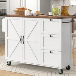 Köksö>Utdragbar Köksö - Mobil Serveringsvagn med Utdragbar Bänkskiva, 2 Dörrar & 3 Lådor, Trämönsterdesign