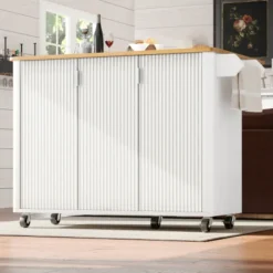Köksö>Utdragbar köksö med trästruktur och hjul | Köksvagn 130x45(75)x92cm | Med kryddhylla, handdukshängare och 3 dörrar | Vit/Svart
