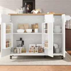 Köksö>Utdragbar köksö med trästruktur och hjul | Köksvagn 130x45(75)x92cm | Med kryddhylla, handdukshängare och 3 dörrar | Vit/Svart