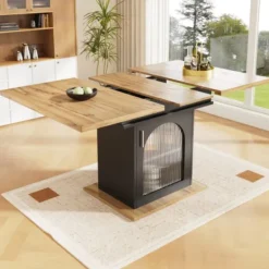 Köksö>Utdragbart matbord (teleskopbord) med 3 hyllor, 140x80cm, platsbesparande, natur & svart, för kök/vardagsrum