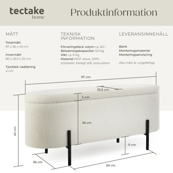 tectake Kistor & Koffertar>Vadderad sittbänk med förvaring, Lanja