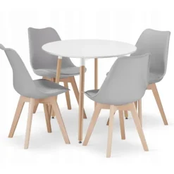 Valora Matgrupper>KAMI 80 Vitt runt bord med 4 RIXK grå stolar