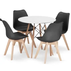 Valora Matgrupper>KOVA 80 cm vitt runt bordsset med 4 svarta RIXK-stolar