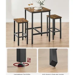 Pavil Matgrupper>VASAGLE barbord med barstolsset, matbord med 2 stolar, vintage brun/svart