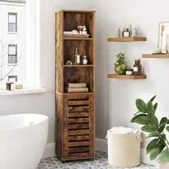 Pavil Skåp>Vasagle högt badrumsskåp, med 3 öppna fack, 2 justerbara hyllor bakdörr, brun