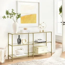 Pavil Småbord>VASAGLE konsolbord, soffbord med 3 hyllor, hylla i härdat glas, guldfärg