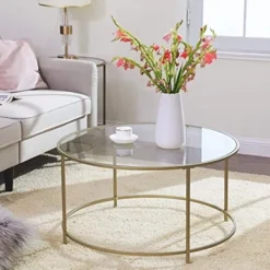 Pavil Soffbord>Vasagle rund soffbord, glasbord med stålram, vardagsrumsbord, guld