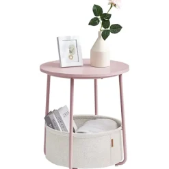 Pavil Småbord>Vasagle sidobord, rundtagbord med tygkorg, sängbord, pastellrosa/molnvit