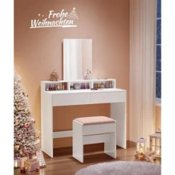 Pavil Sminkbord>VASAGLE Sminkbord med stor spegel 2 lådor 3 öppna fack Kosmetikbord Modernt Vit