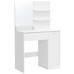 Pavil Sminkbord>Vasagle toalettbord, sminkbord, fåfängbord med spegel, 1 låda, 2 hyllor, vit