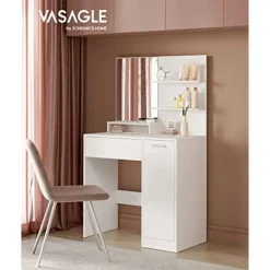 Pavil Sminkbord>Vasagle toalettbord, sminkbord, fåfängbord med spegel, 1 låda, 2 hyllor, vit