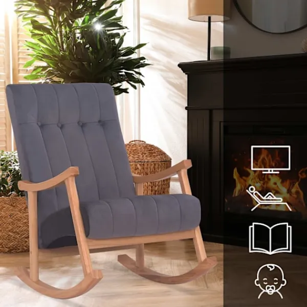 BellaFurn Fåtöljer>Velvet Rock Chair - Lounge Chair - Back Friendly Handrail, Robust Rubberwood | Färg: natur/grå