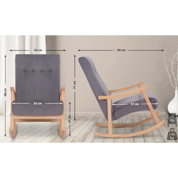 BellaFurn Fåtöljer>Velvet Rock Chair - Lounge Chair - Back Friendly Handrail, Robust Rubberwood | Färg: natur/grå