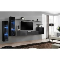 AC-DÉCO Tv-Bänkar>Väggenhet - Switch XI - 2 LED-montrar - 1 TV-bänk - 1 fyrkantig monter - 3 hyllor - Svart och grafit - Modell 2