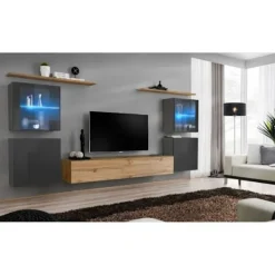 AC-DÉCO Tv-Bänkar>Väggenhet - Switch XIV - 4 montrar - 1 TV-bänk - 2 hyllor - Trä och grafit - Modell 2