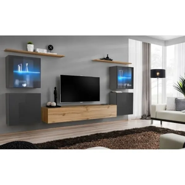 AC-DÉCO Tv-Bänkar>Väggenhet - Switch XIV - 4 montrar - 1 TV-bänk - 2 hyllor - Trä och grafit - Modell 2