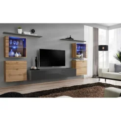 AC-DÉCO Tv-Bänkar>Väggenhet - Switch XIV - 4 montrar - 1 TV-bänk - 2 hyllor - Trä och grafit - Modell 1