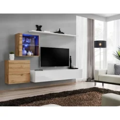 AC-DÉCO Tv-Bänkar>Väggenhet - Switch XV - 2 montrar - 1 TV-bänk - 2 hyllor - Trä och vitt - Modell 1