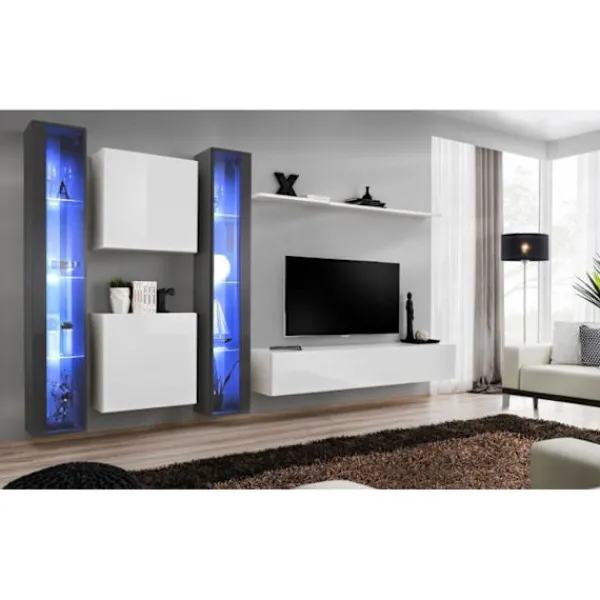 AC-DÉCO Tv-Bänkar>Väggenhet - Switch XVI - 2 LED-montrar - 2 fyrkantiga montrar - 1 TV-bänk - 1 hylla - Vit och grafit - Modell 2