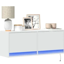 vidaXL Tv-Bänkar>Väggmonterad tv-bänk LEDs vit 100x31x35 cm