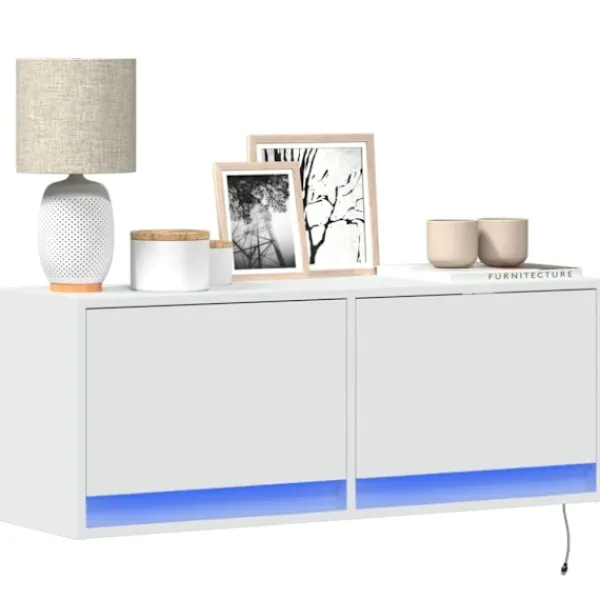 vidaXL Tv-Bänkar>Väggmonterad tv-bänk LEDs vit 100x31x35 cm