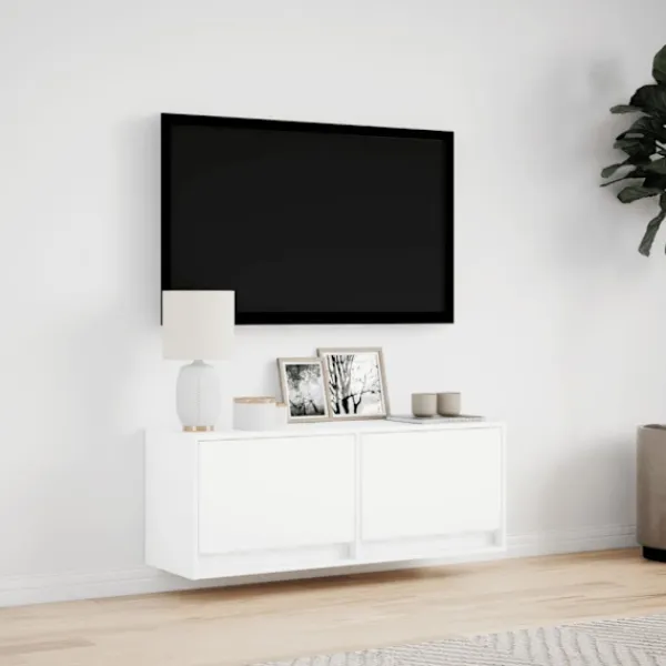 vidaXL Tv-Bänkar>Väggmonterad tv-bänk LEDs vit 100x31x35 cm