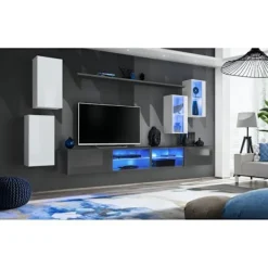 AC-DÉCO Tv-Bänkar>Väggmonterad TV-möbel Set Switch XXV - L 280 x P 40 x H 140 cm - Grå och vit