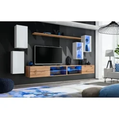 AC-DÉCO Tv-Bänkar>Väggmonterad TV-möbel Switch XXV - L 280 x P 40 x H 140 cm - Brun och vit