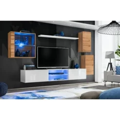 AC-DÉCO Tv-Bänkar>Väggmonterad tv-möbel Switch XXIII - L 250 x P 40 x H 140 cm - Vit och brun