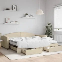 vidaXL Soffor>Dagbädd utdragbar med lådor gräddvit 100x200 cm tyg Kräm