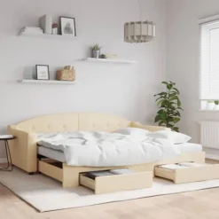 vidaXL Soffor>Dagbädd utdragbar med lådor gräddvit 90x200 cm tyg Kräm