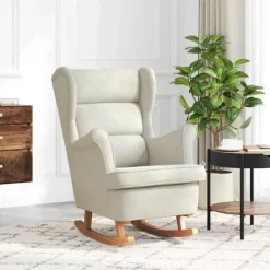 vidaXL Fåtöljer>Gungstol med ryggstöd Gräddvit sammet och massivt trä