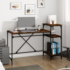 vidaXL Kontorsmöbler>Skrivbord m. hyllor rökfärgad 135x50x90cm konstruerat trä&järn
