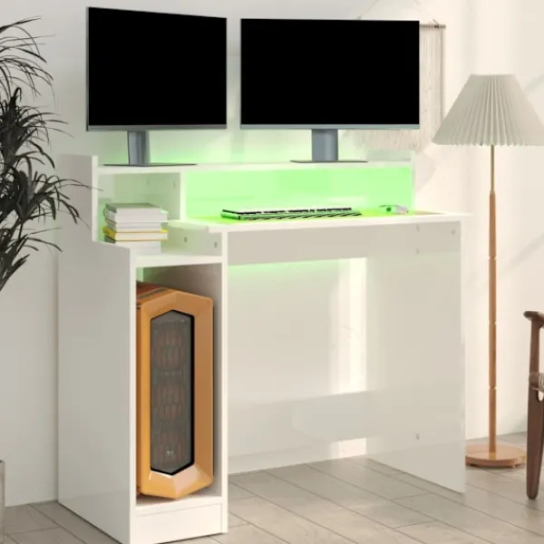 vidaXL Kontorsmöbler>Skrivbord med LED högglans 97x45x90 cm konstruerat trä