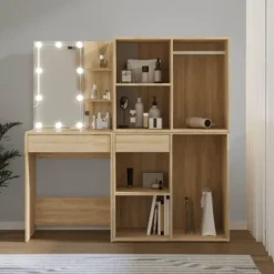 vidaXL Sminkbord>Sminkbord LED med 2 skåp sonoma-ek konstruerat trä
