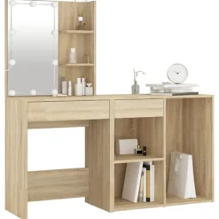 vidaXL Sminkbord>Sminkbord LED med skåp sonoma-ek konstruerat trä