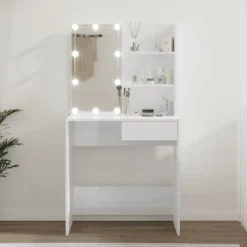 vidaXL Sminkbord>Sminkbord med LED högglans 74,5x40x141 cm