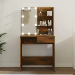 vidaXL Sminkbord>Sminkbord med LED rökfärgad ek 74,5x40x141 cm