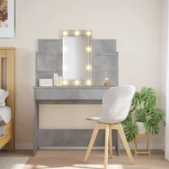 vidaXL Sminkbord>Sminkbord med LED betong 96x40x142 cm