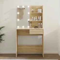vidaXL Sminkbord>Sminkbord med LED sonoma-ek 74,5x40x141 cm konstruerat trä