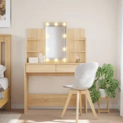 vidaXL Sminkbord>Sminkbord med LED sonoma-ek 96x40x142 cm