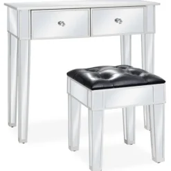 vidaXL Sminkbord>Sminkbord med pall spegellådor MDF och glas